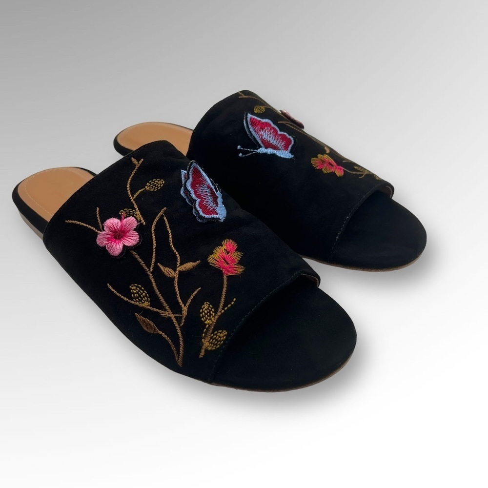 Nanette Lepore Teal Faux Suede Embroidered Floral Valentina Slide Sandal
